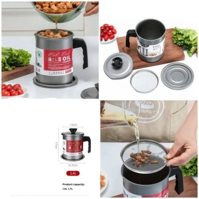 Oil Filter Pot Oil Strainer Pot Stainless Steel Grease Strainer Oil Storage Pot 1.4L