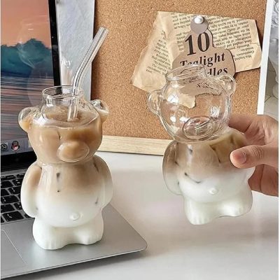 Bear Shaped Coffee Mug Cute Bear Cup With Straw Transparent Creative Glass Juice Cup Milky Tea Cup