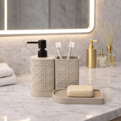 3 piece Set Toothbrush Holder, Soap Dispenser and Soap Tray