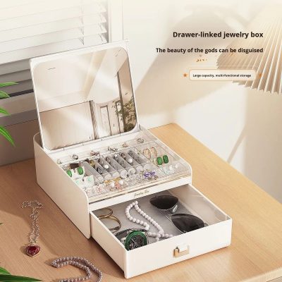 Large Jewelry Box with Mirror & Drawer for Rings Earrings Necklace Bracelet Watch Sunglass Storage Organizer